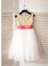 Gold Sequin Ivory Tulle With Coral Flower Sash Knee Length Flower Girl Dress